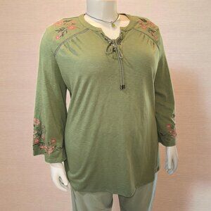 Terra & Sky Olive Green & Peach Embroidered Lace Up Bell Sleeve Top 1X (16W-18)